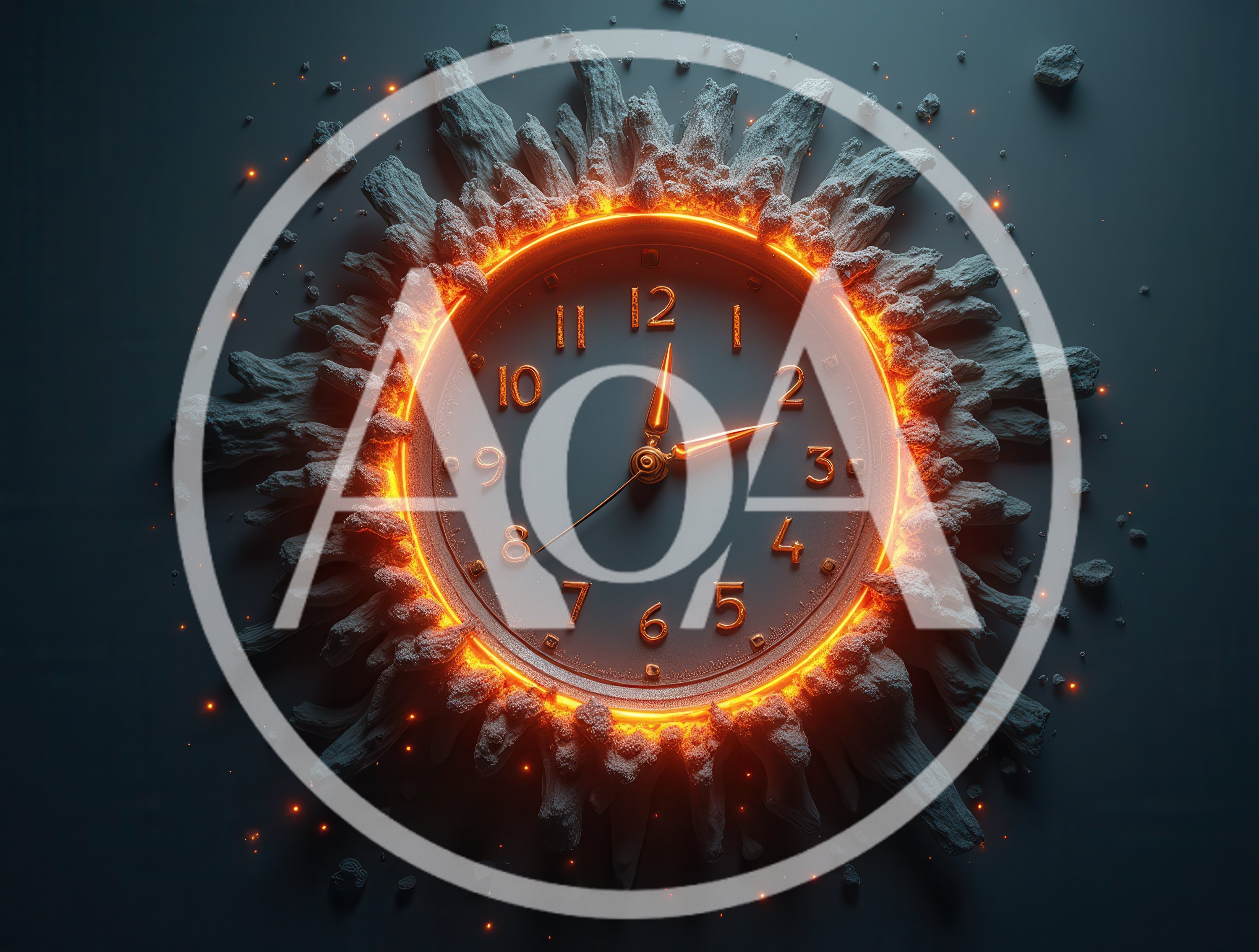 Glowing Clock Face Surrounded By Volcanic Rock Fragments