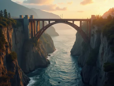 Arch Bridge Spanning A Coastal Cliff Gorge At Sunset