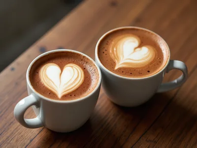 Two Cups Of Latte Art Coffee On Wooden Table