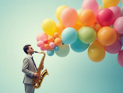 Man in Suit Playing Saxophone with Floating Balloons