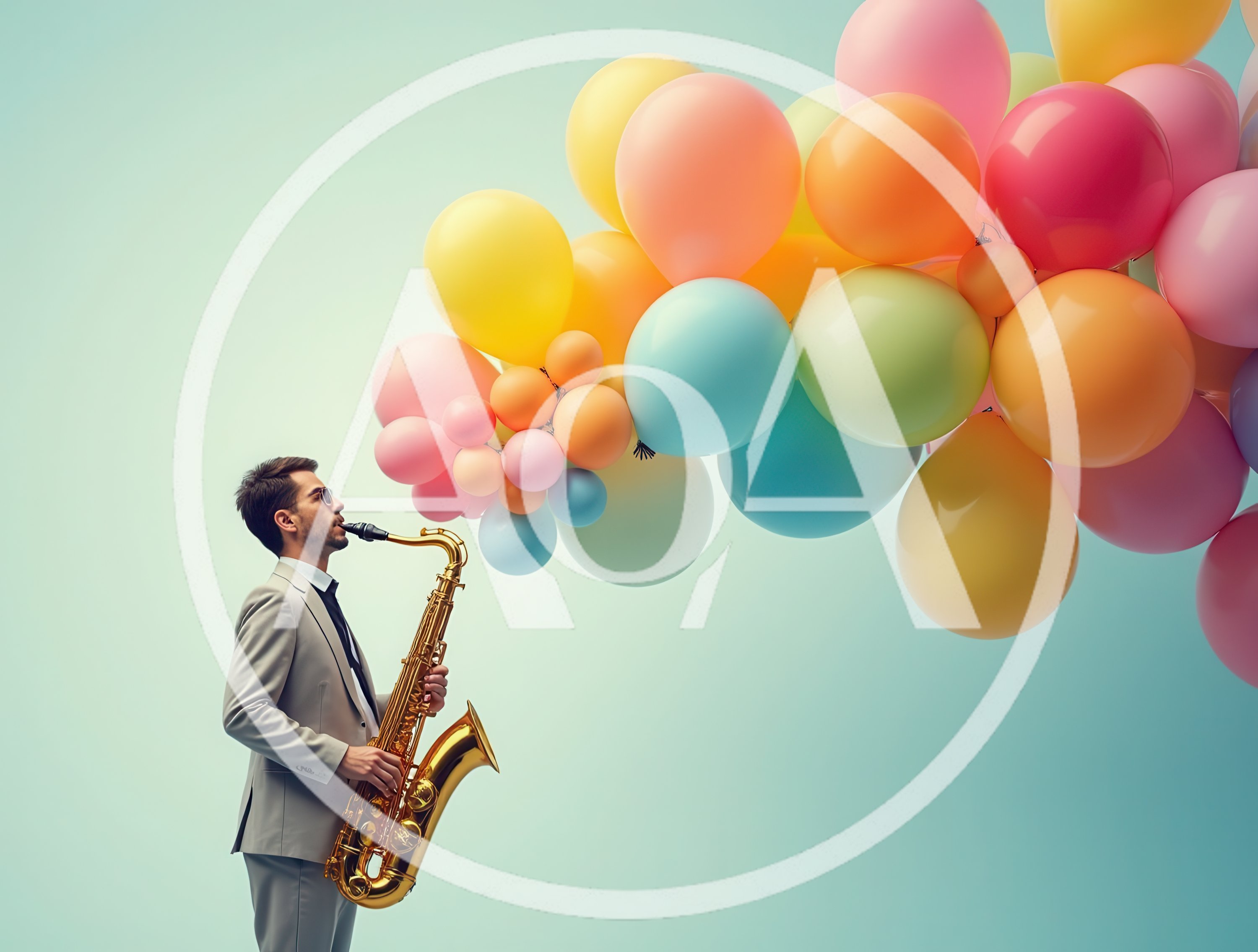 Man in Suit Playing Saxophone with Floating Balloons