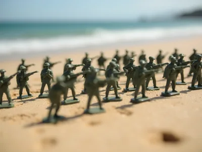 Toy Soldiers Standing in Formation on a Sandy Beach