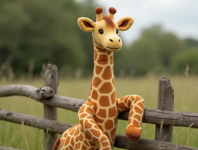 Plush Giraffe Toy Leaning On A Rustic Wooden Fence