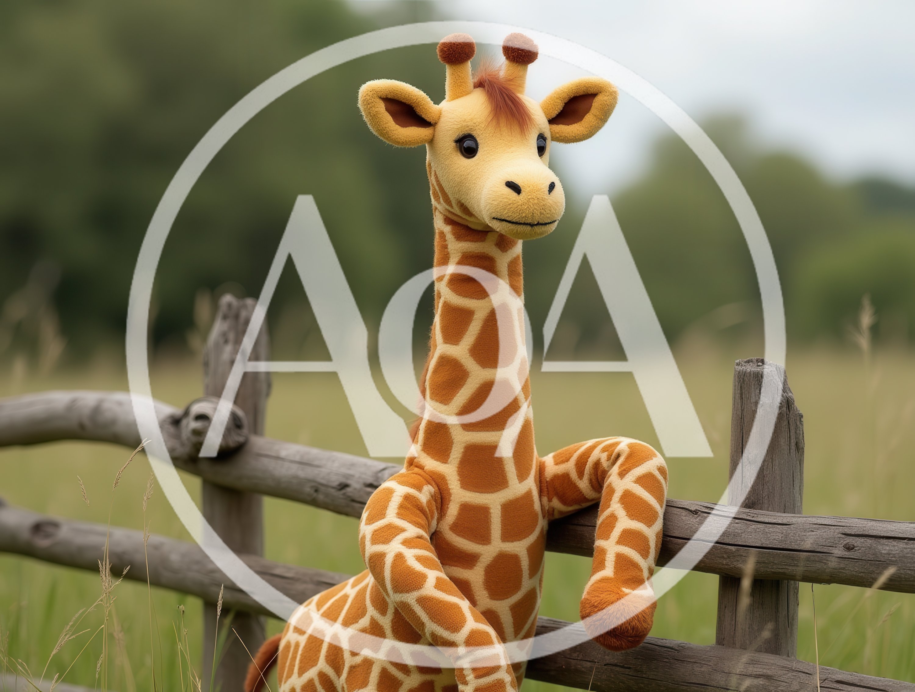 Plush Giraffe Toy Leaning On A Rustic Wooden Fence