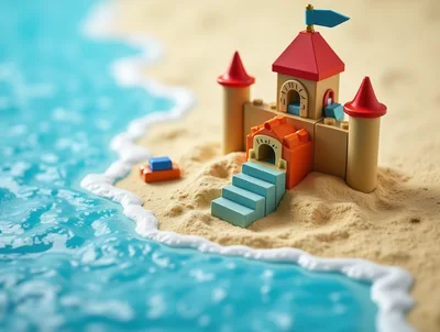 Miniature Toy Castle Built On A Sandy Beach