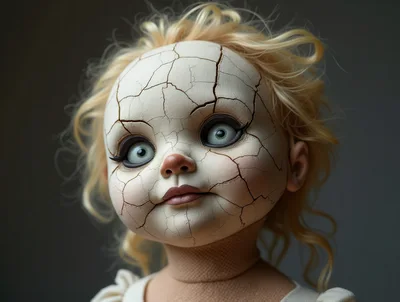 Creepy Cracked Porcelain Doll With Blonde Hair
