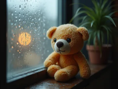 Teddy Bear Sitting On A Rainy Window Sill