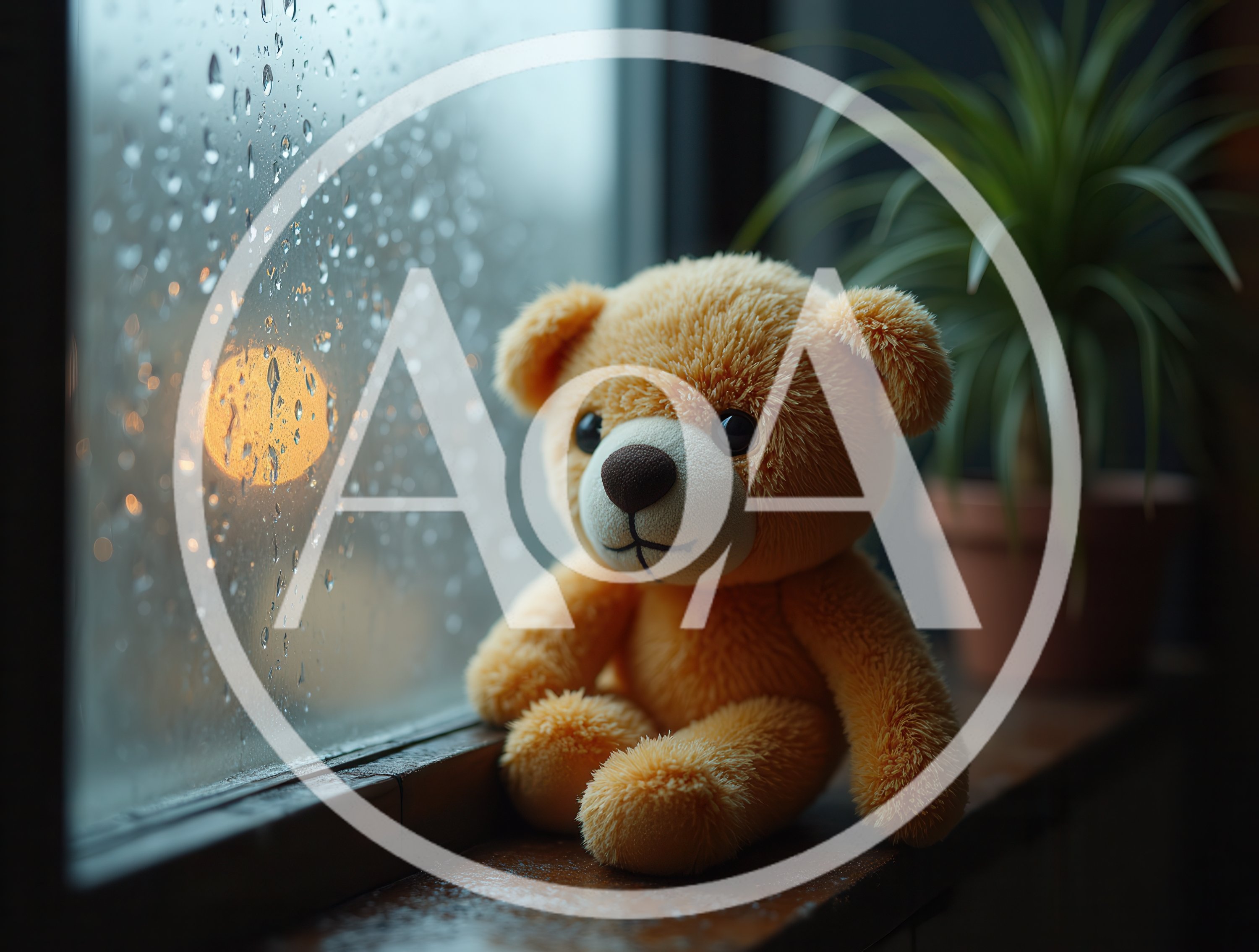 Teddy Bear Sitting On A Rainy Window Sill