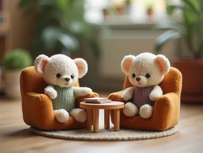 Two Cute Teddy Bears Sitting In Miniature Armchairs