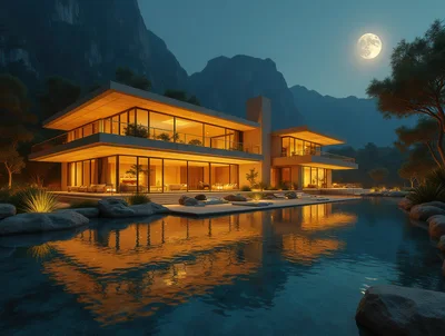 Modern Luxury Villa With Infinity Pool At Night