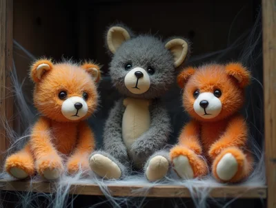Three Plush Teddy Bears Sitting on a Dusty Shelf