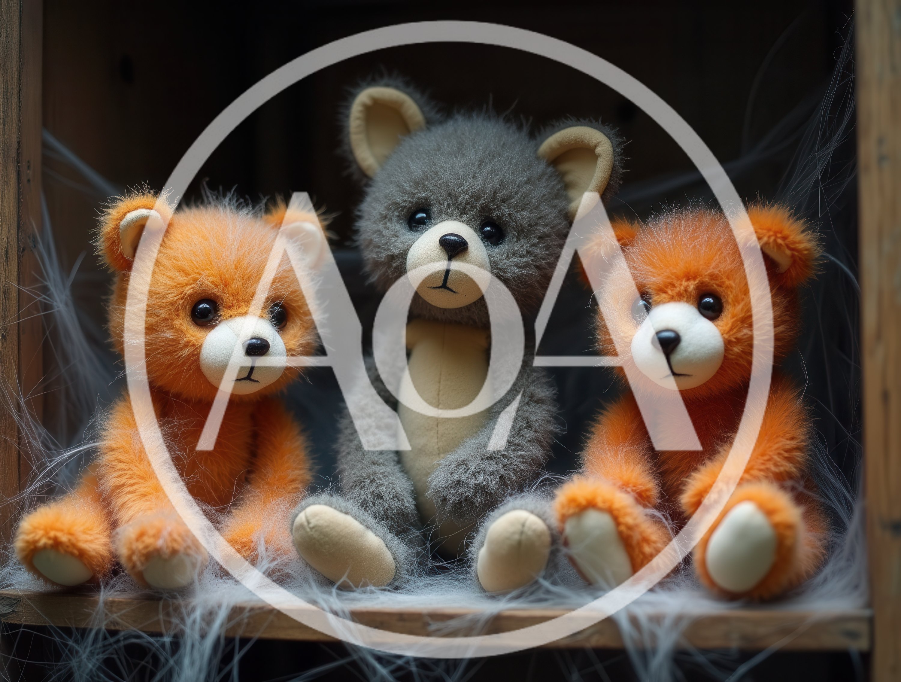 Three Plush Teddy Bears Sitting on a Dusty Shelf