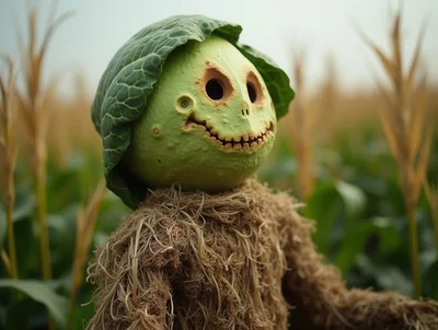 Creepy Vegetable Scarecrow In A Cornfield
