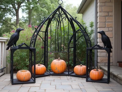Halloween Porch Decor With Pumpkins And Raven Statues