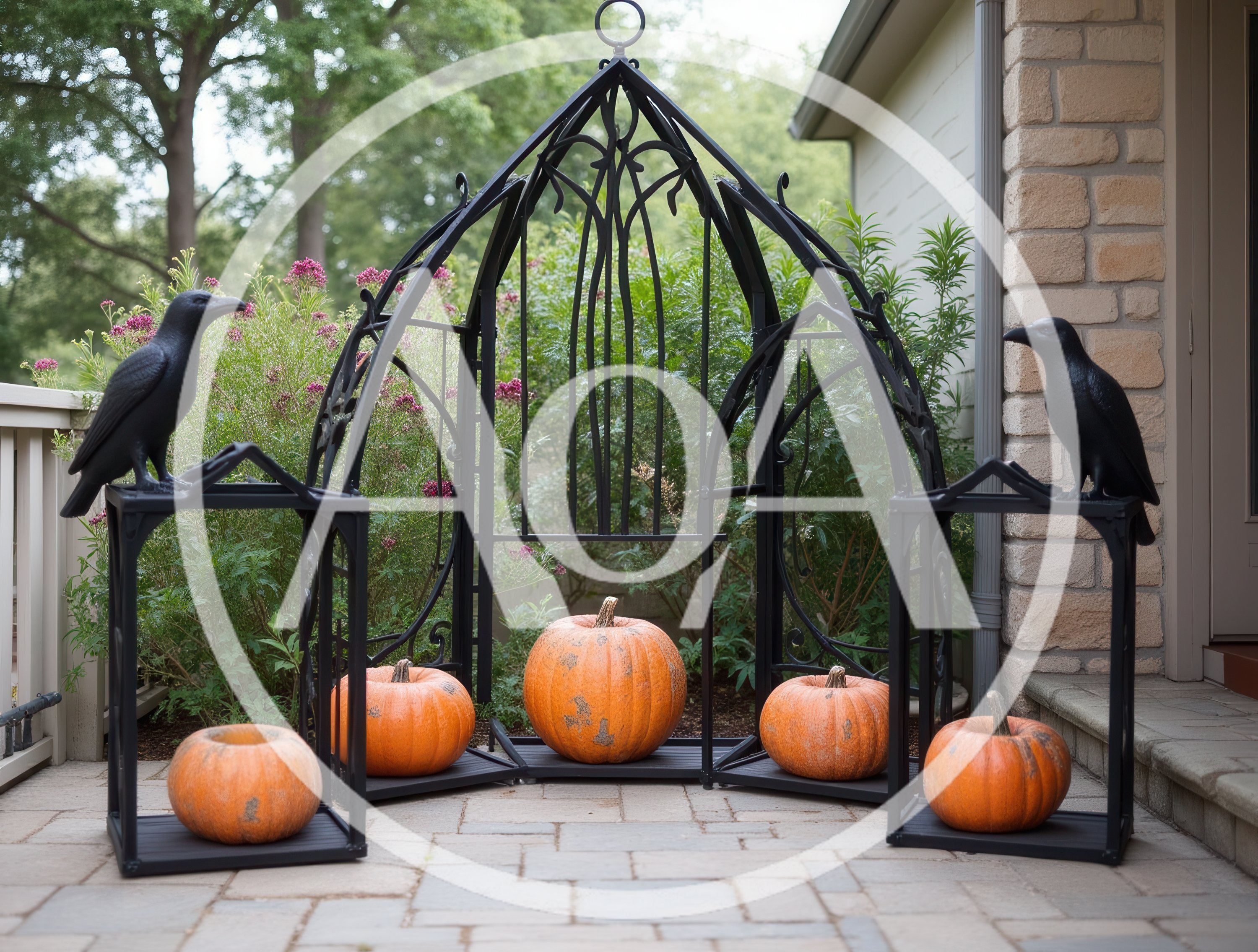 Halloween Porch Decor With Pumpkins And Raven Statues