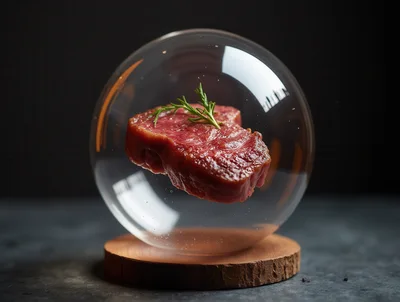 Raw Beef Steak Inside A Glass Sphere