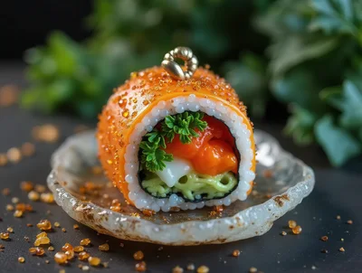 Single Gourmet Sushi Roll With Garnish On Plate
