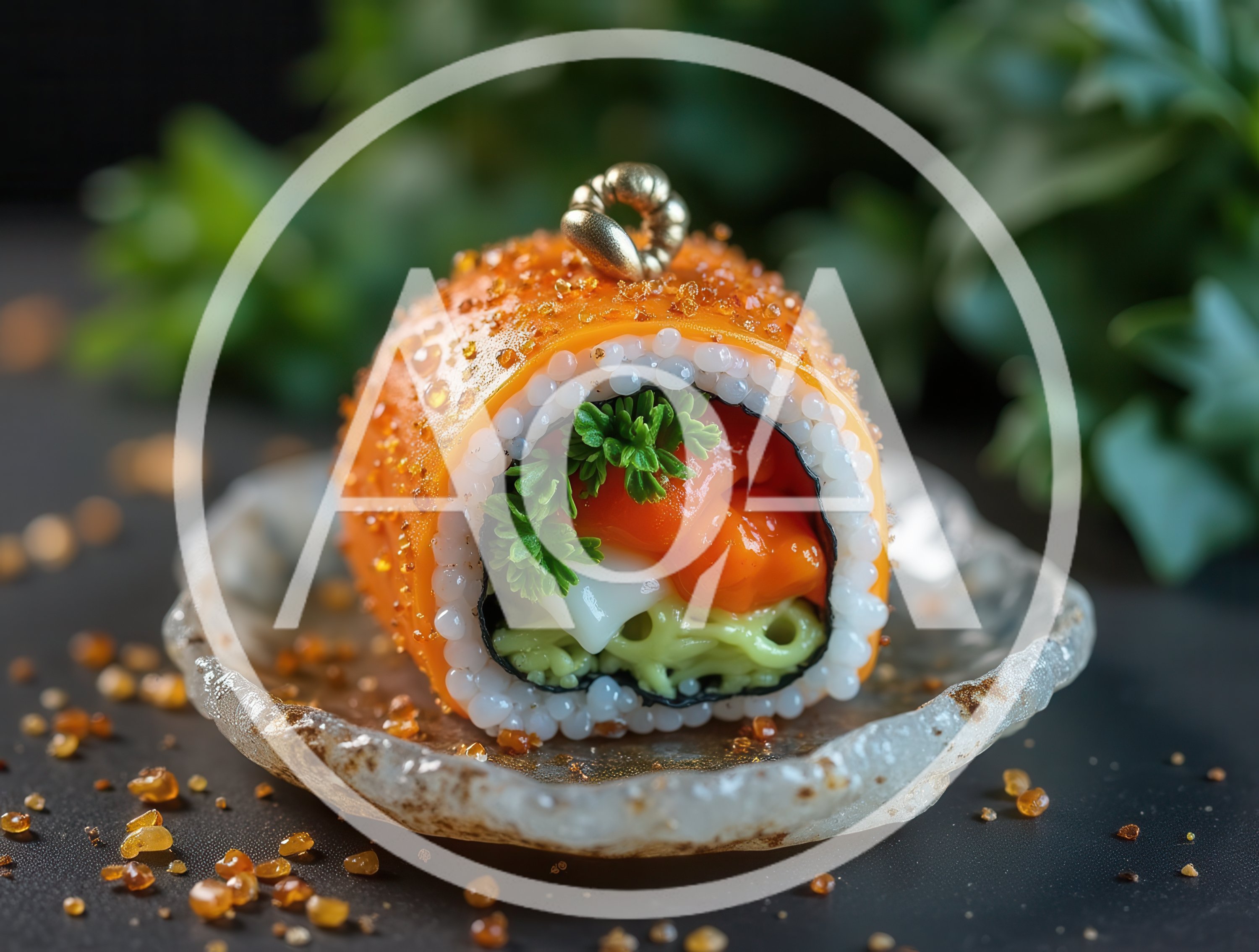 Single Gourmet Sushi Roll With Garnish On Plate