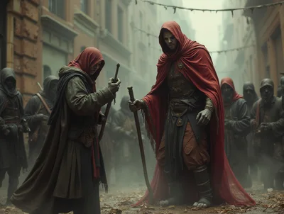 Fantasy Figures In Red Hooded Cloaks On City Street