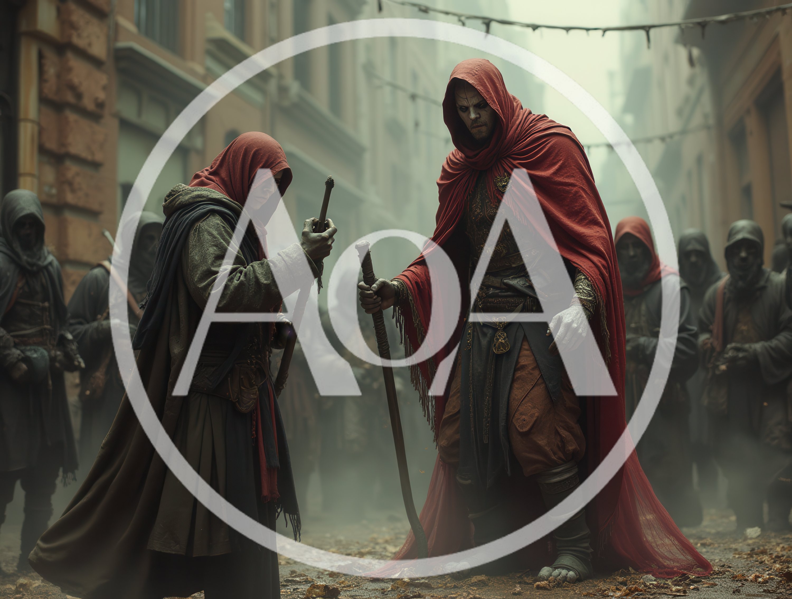 Fantasy Figures In Red Hooded Cloaks On City Street
