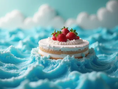 Strawberry Cake Floating On Blue Icing Waves
