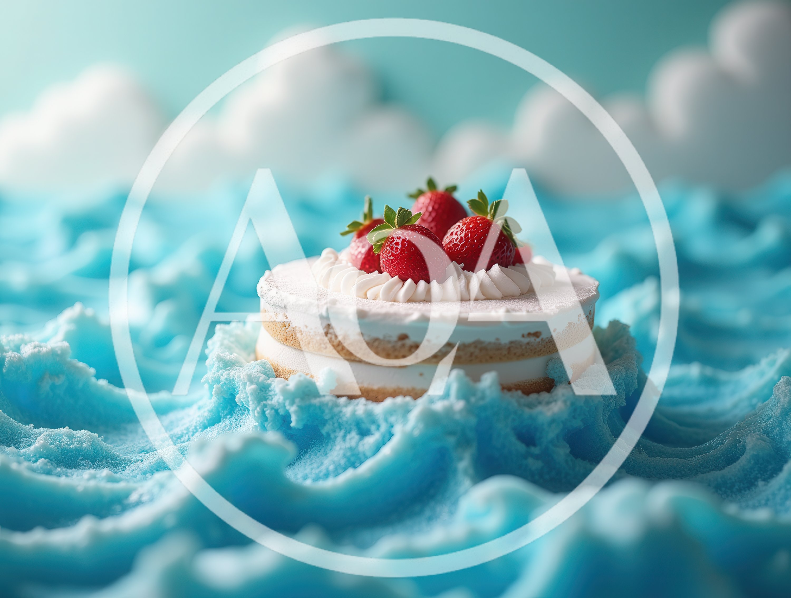 Strawberry Cake Floating On Blue Icing Waves