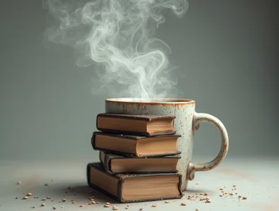 Stack Of Vintage Books Beside A Steaming Coffee Mug