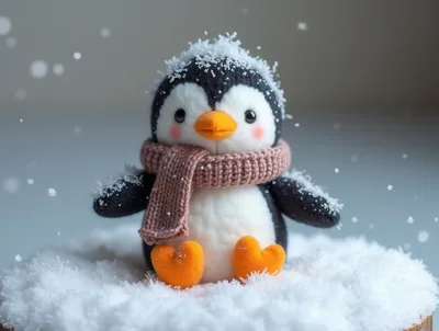 Cute Plush Penguin Wearing A Scarf In The Snow