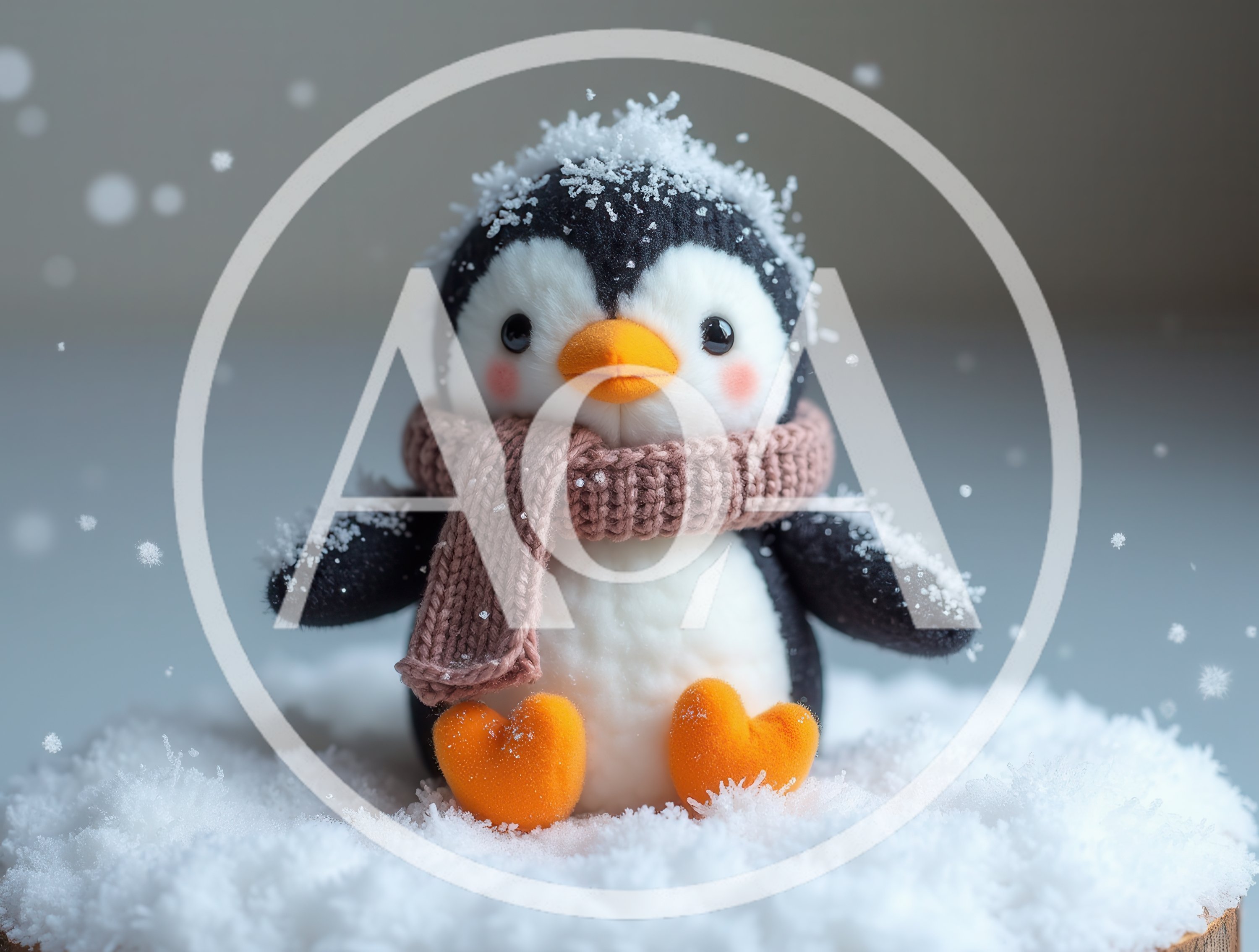 Cute Plush Penguin Wearing A Scarf In The Snow