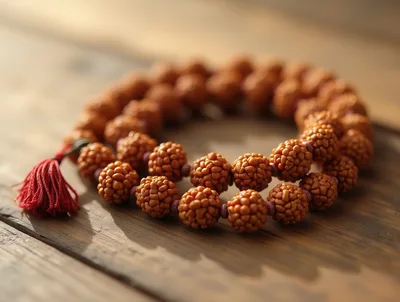 Rudraksha Mala Beads On Wooden Surface