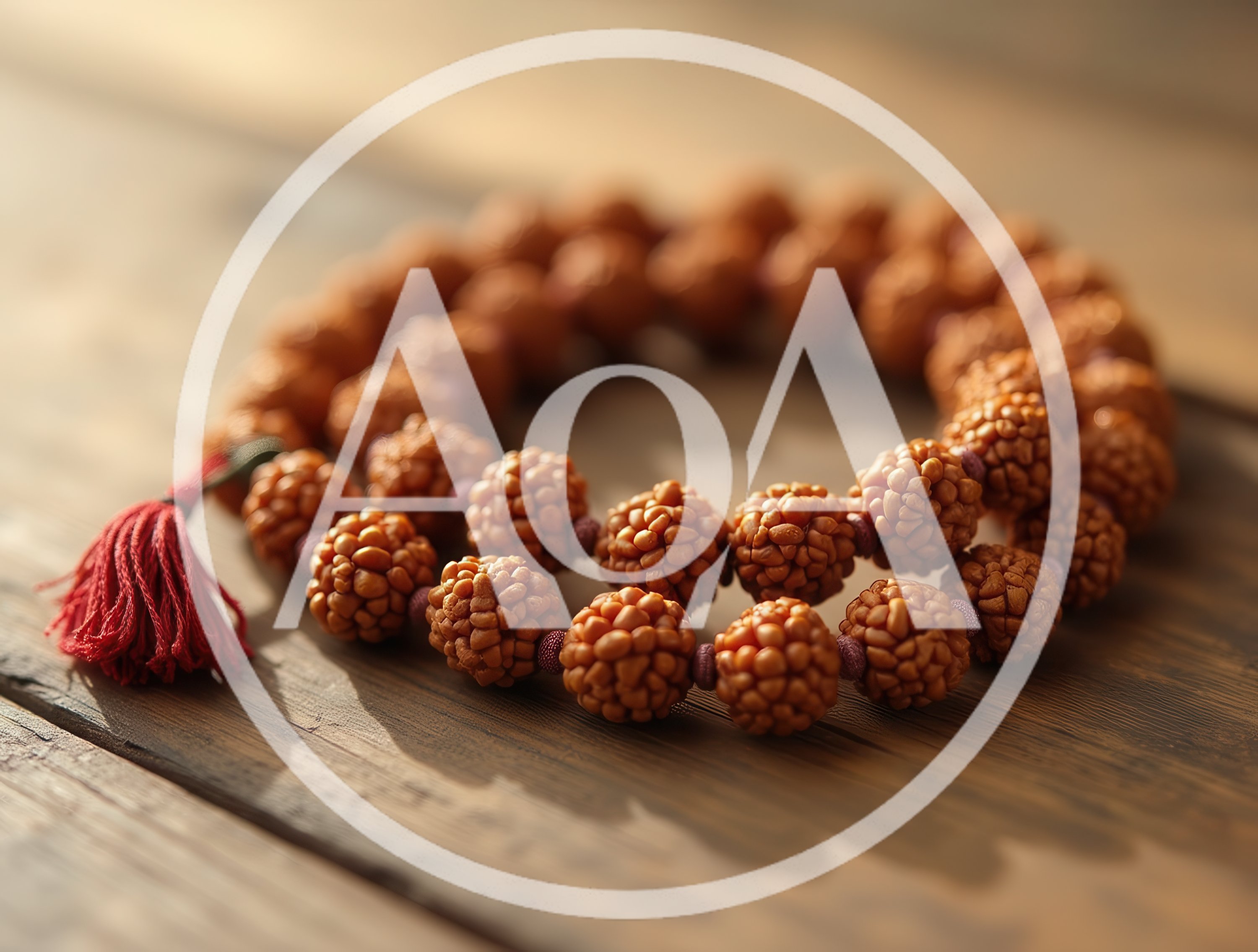 Rudraksha Mala Beads On Wooden Surface