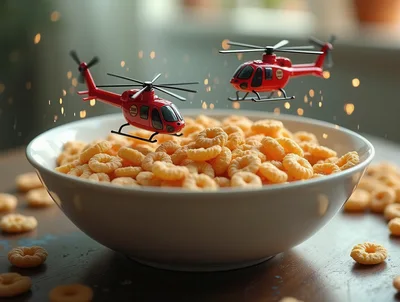 Miniature Red Helicopters Hovering Over Cereal Bowl