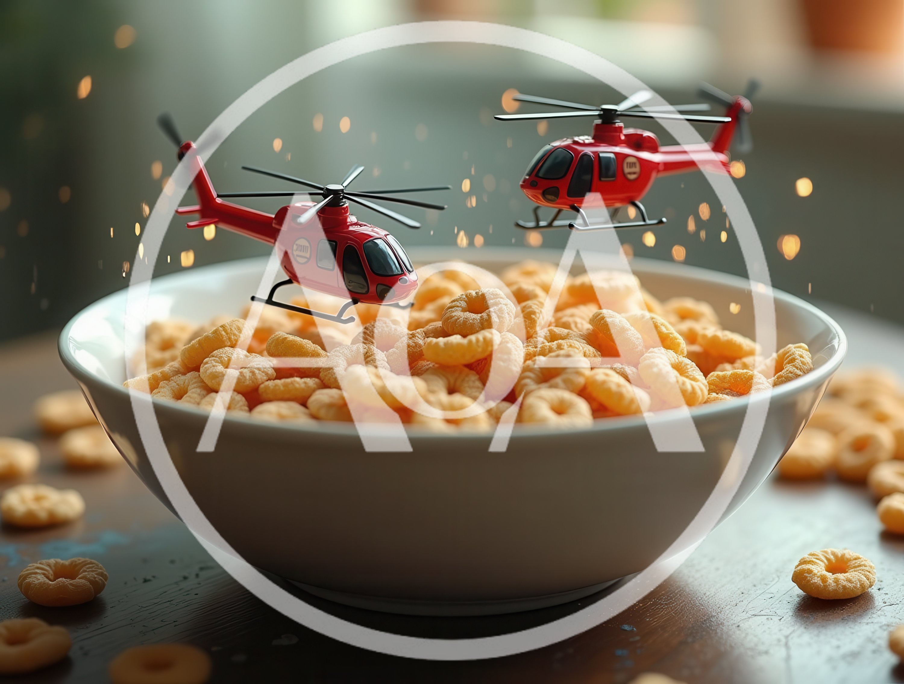 Miniature Red Helicopters Hovering Over Cereal Bowl