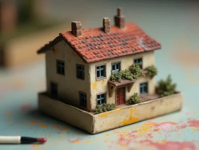 Miniature Model House On A Painted Surface