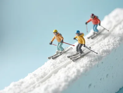 Miniature Figurines Skiing Down A Snowy Slope
