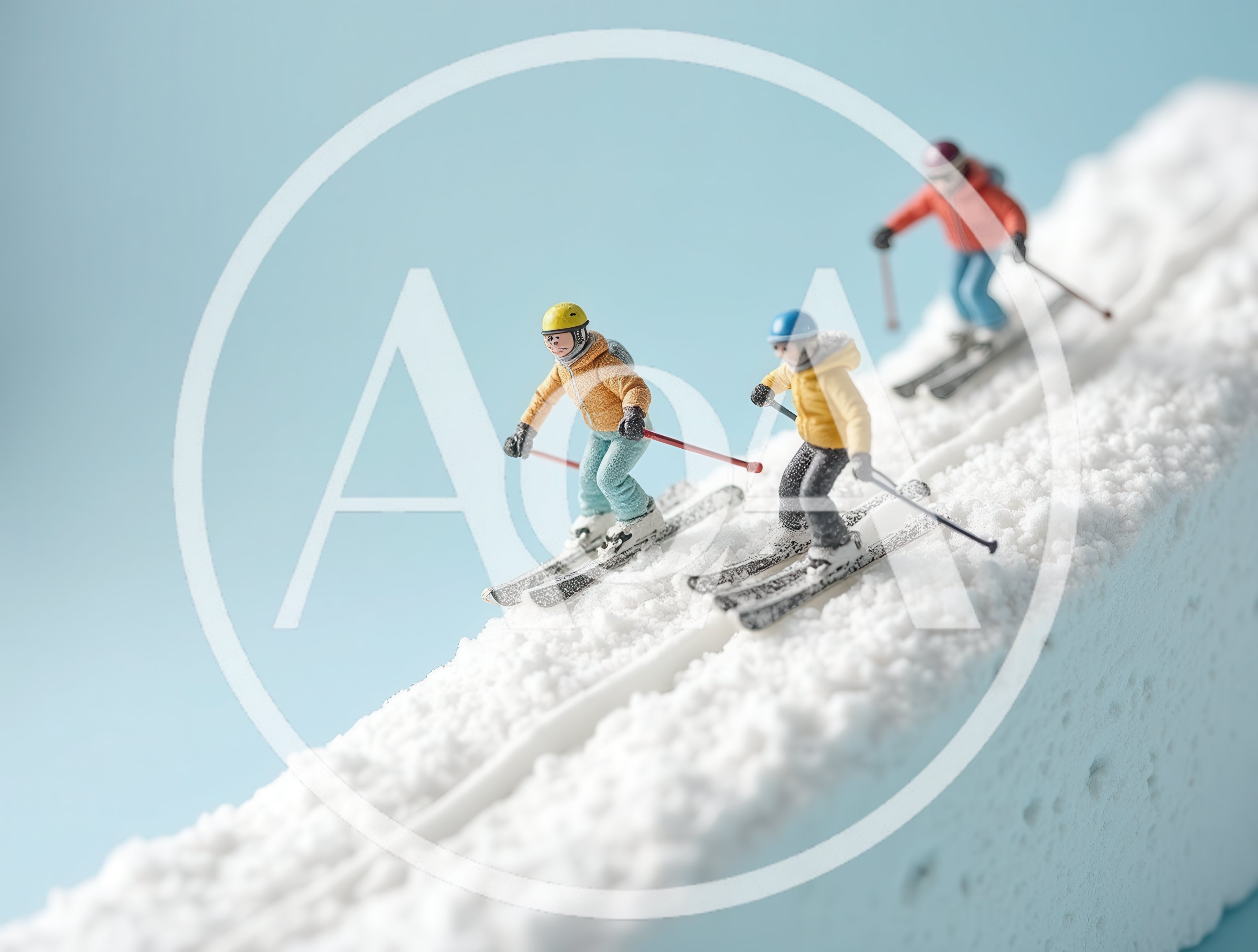 Miniature Figurines Skiing Down A Snowy Slope