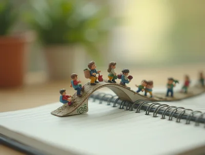 Miniature Figurines Hiking Over A Spiral Notebook