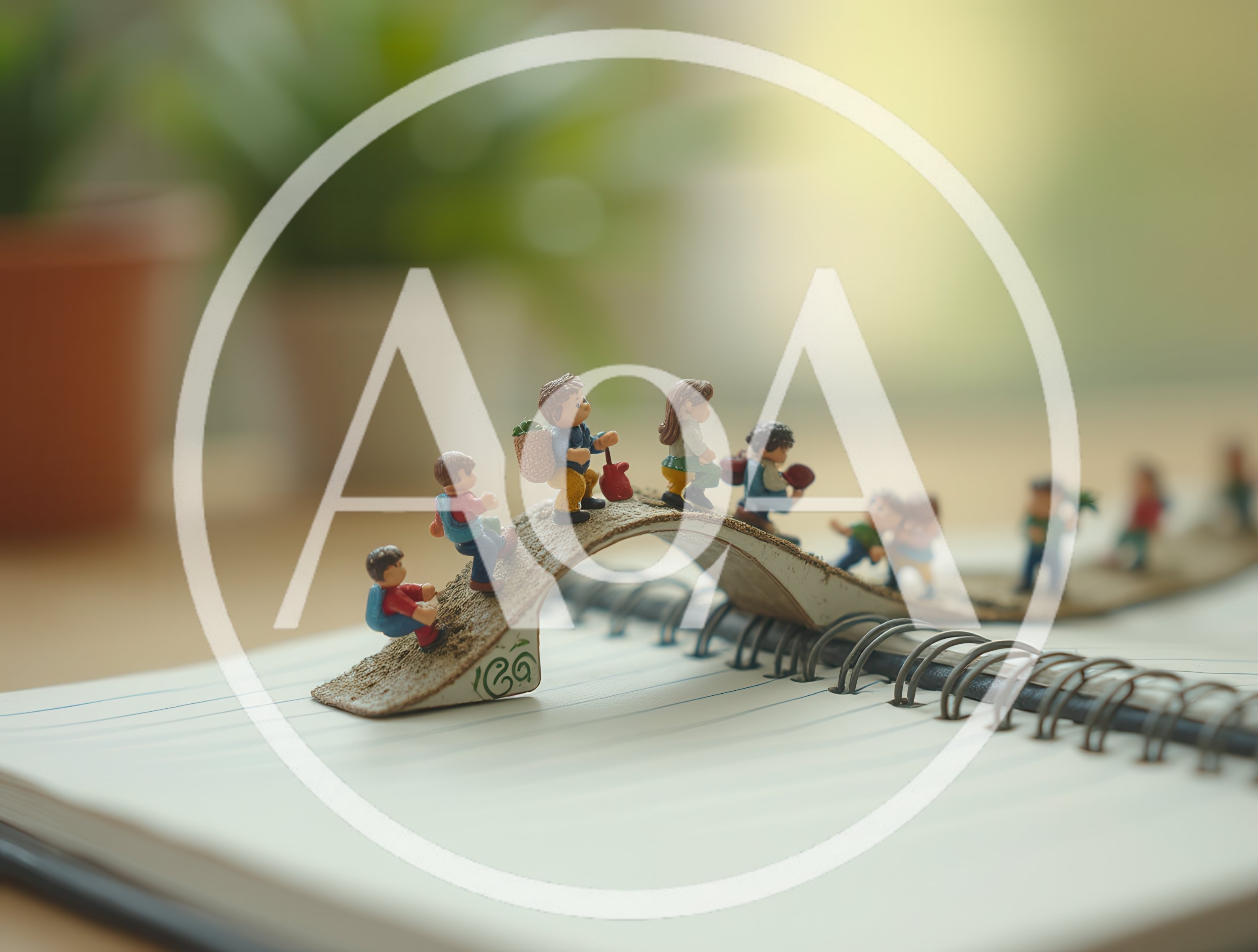Miniature Figurines Hiking Over A Spiral Notebook