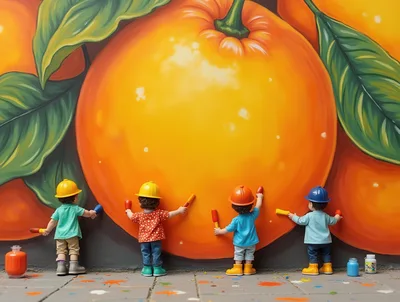 Small Figurines Painting A Large Orange Mural