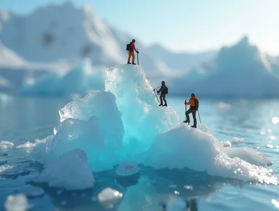 Miniature Mountaineers Climbing A Small Iceberg In Arctic Waters