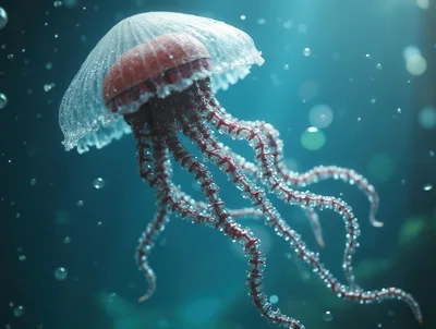 Bioluminescent Jellyfish Floating In Deep Blue Ocean Waters