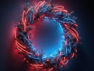 Neon Lit Christmas Wreath With Glowing Red And Blue