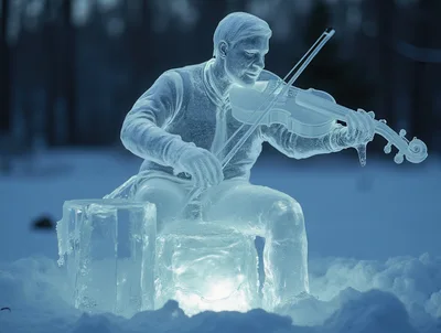 Ice Sculpture Of A Violinist Playing In The Snow
