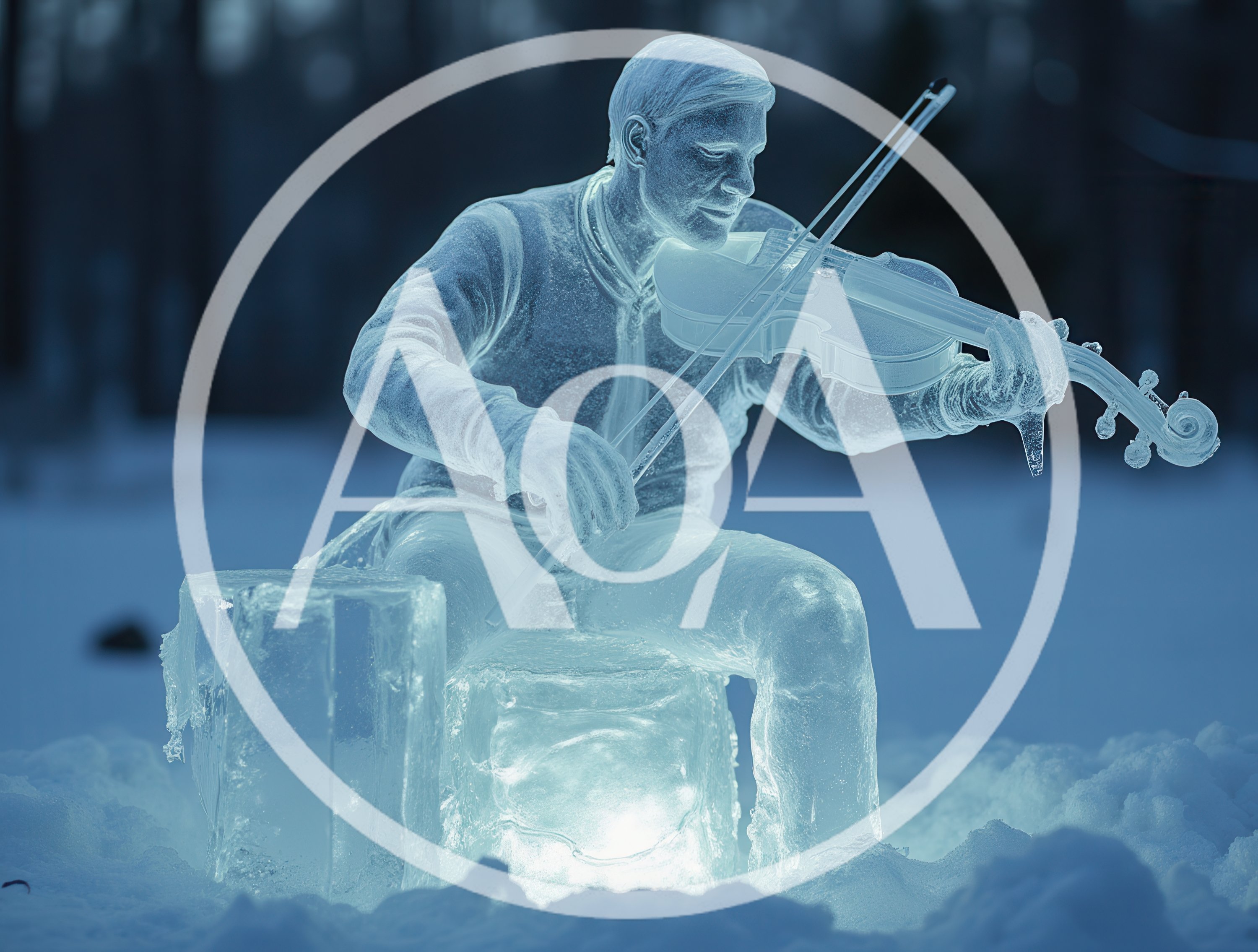 Ice Sculpture Of A Violinist Playing In The Snow