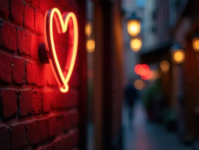 Neon Heart Sign Mounted On A Red Brick Wall