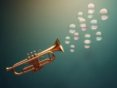 Golden Trumpet Blowing Bubbles Against Teal Background