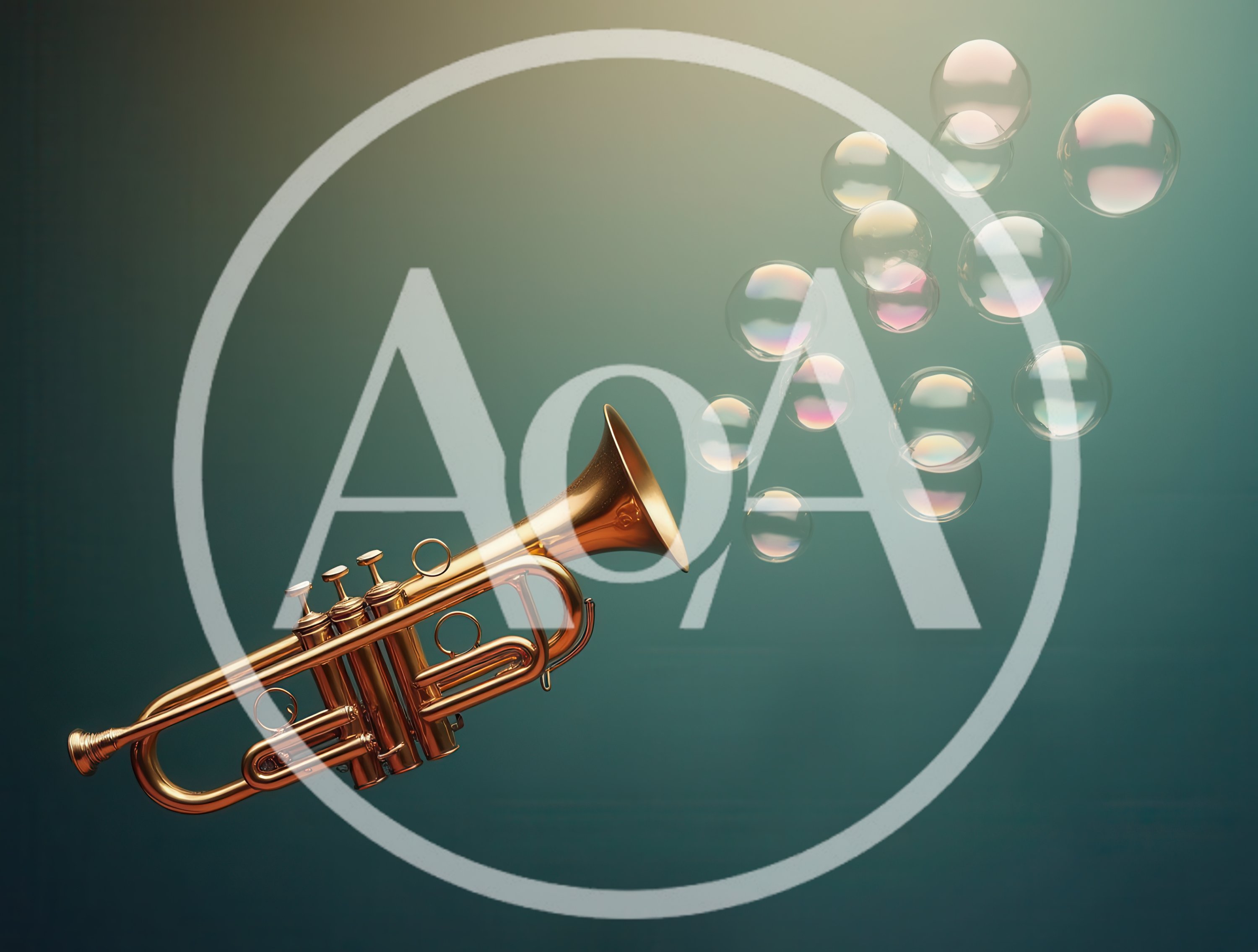 Golden Trumpet Blowing Bubbles Against Teal Background