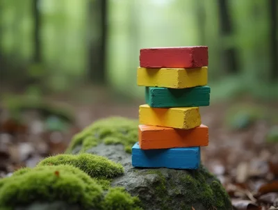 Stacked Colorful Rectangular Blocks On Mossy Forest Rock