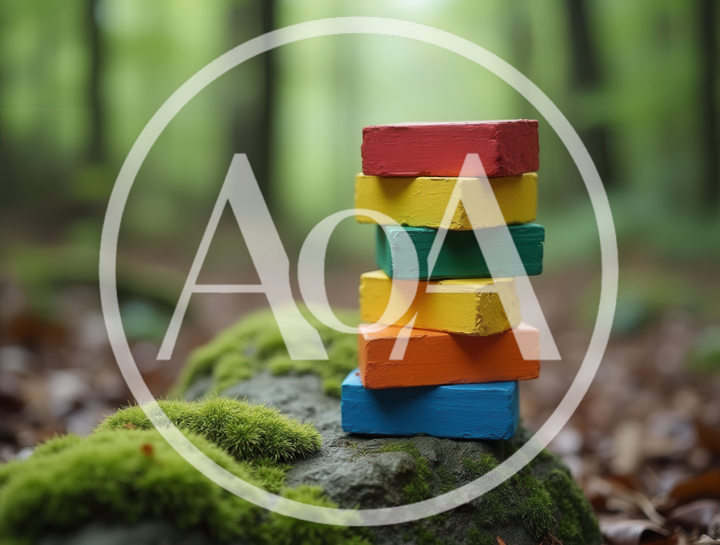 Stacked Colorful Rectangular Blocks On Mossy Forest Rock