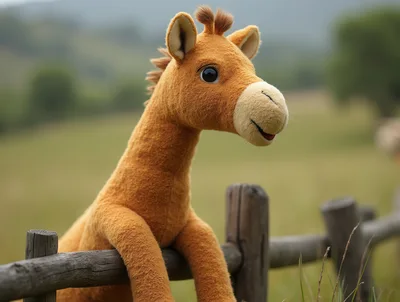 Plush Giraffe Toy Resting On A Wooden Fence